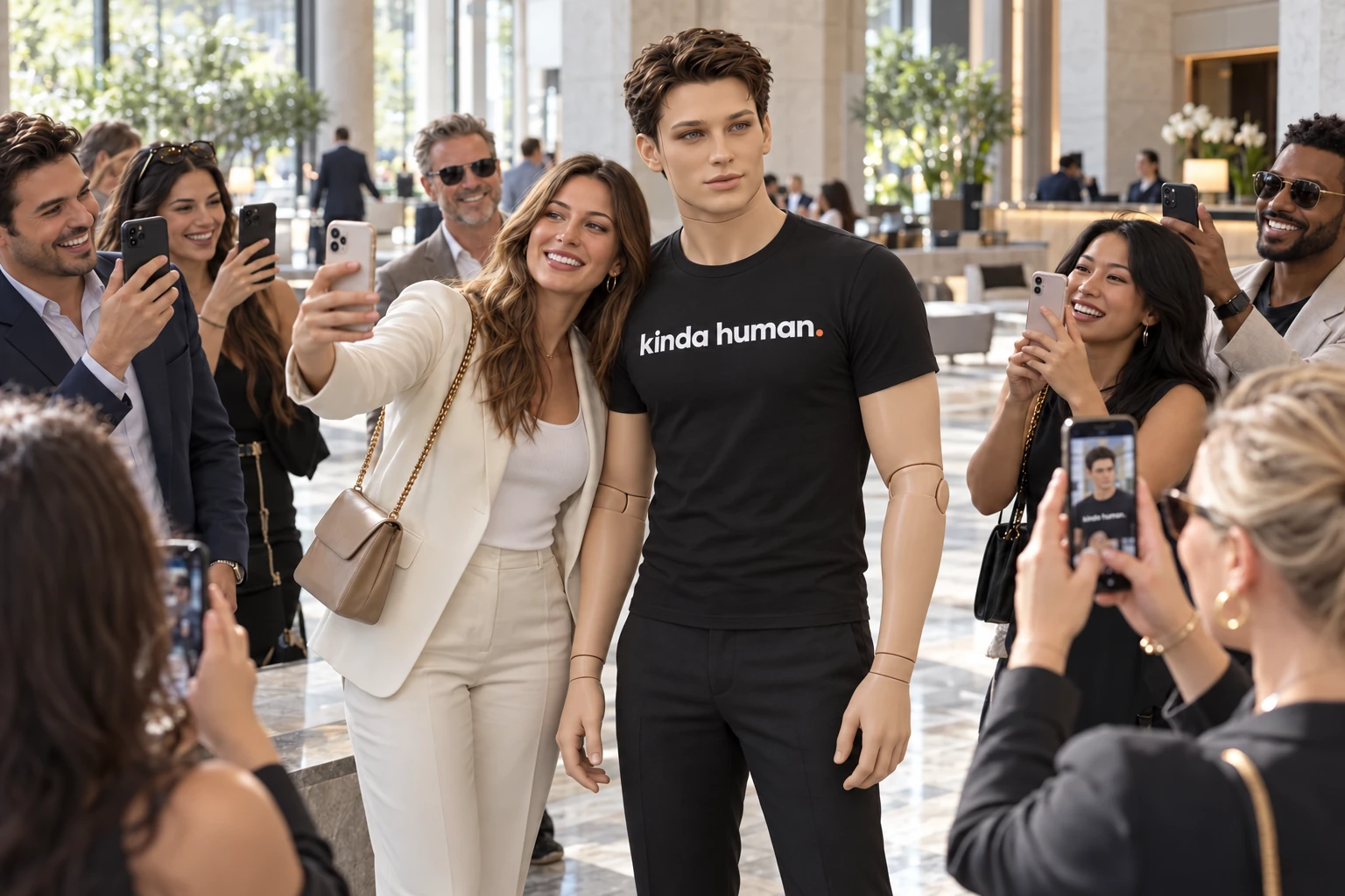 AI concept: a clearly synthetic male humanoid with silicone skin and visible joints, wearing a Kinda Human T-shirt, surrounded by guests taking photos in a hotel lobby